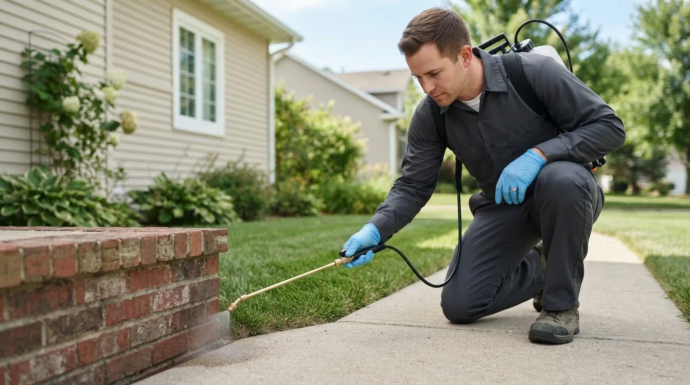 Pest control technician treating a home near Buena Vista, PA